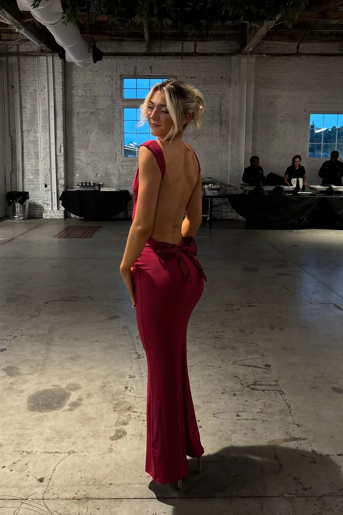 Glamorous Cowl Neck Open Back Mermaid Prom Dress with Bow Detail in Magenta