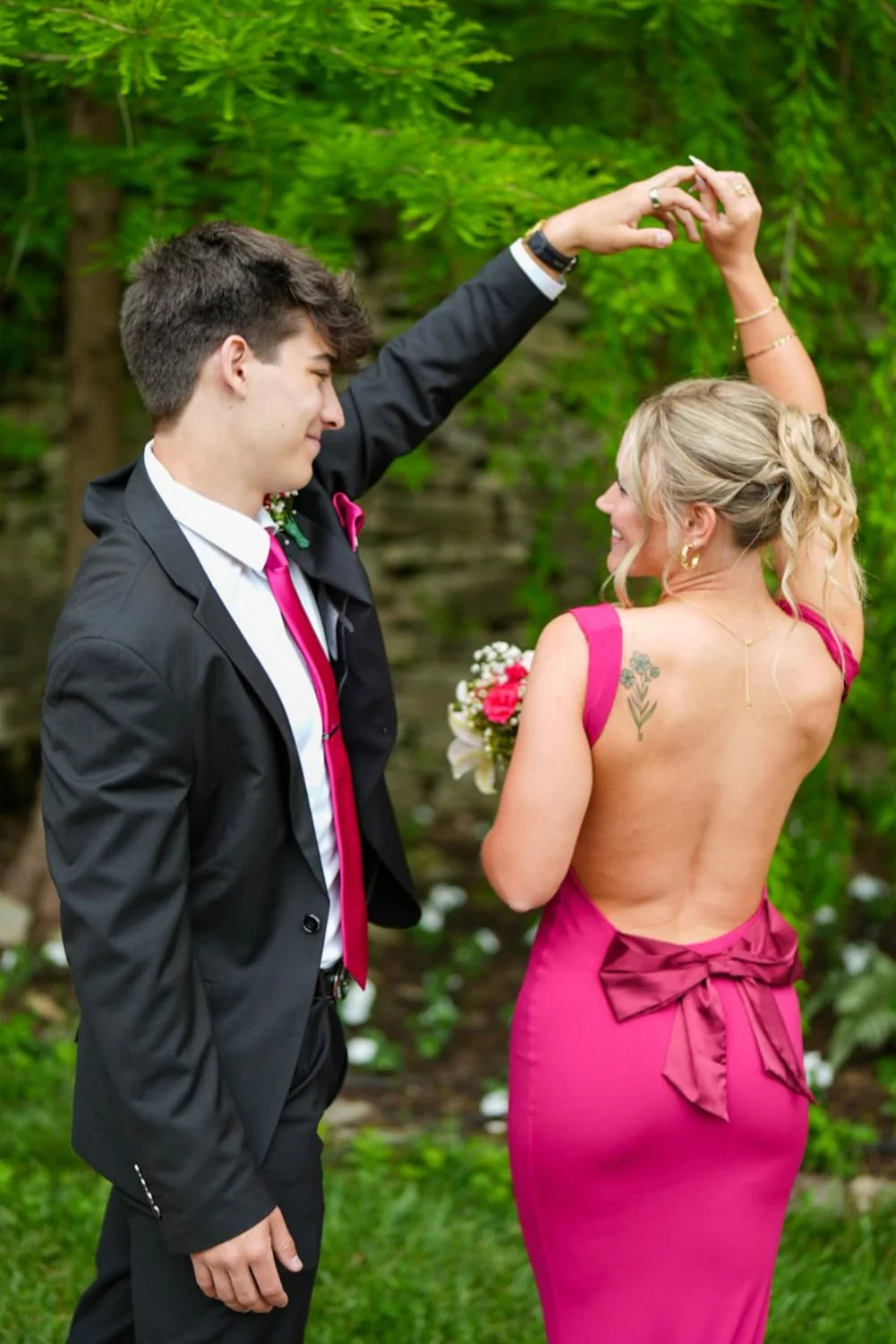 Glamorous Cowl Neck Open Back Mermaid Prom Dress with Bow Detail in Magenta
