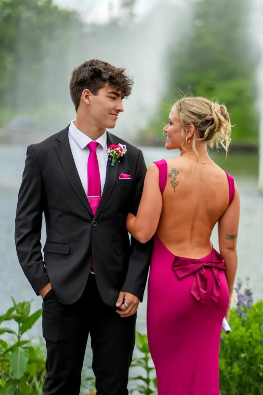 Glamorous Cowl Neck Open Back Mermaid Prom Dress with Bow Detail in Magenta