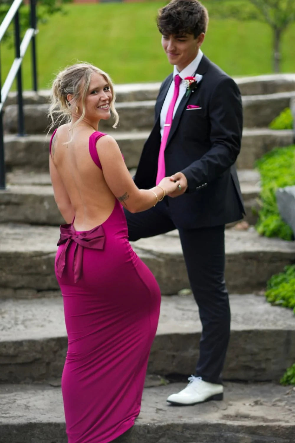 Glamorous Cowl Neck Open Back Mermaid Prom Dress with Bow Detail in Magenta