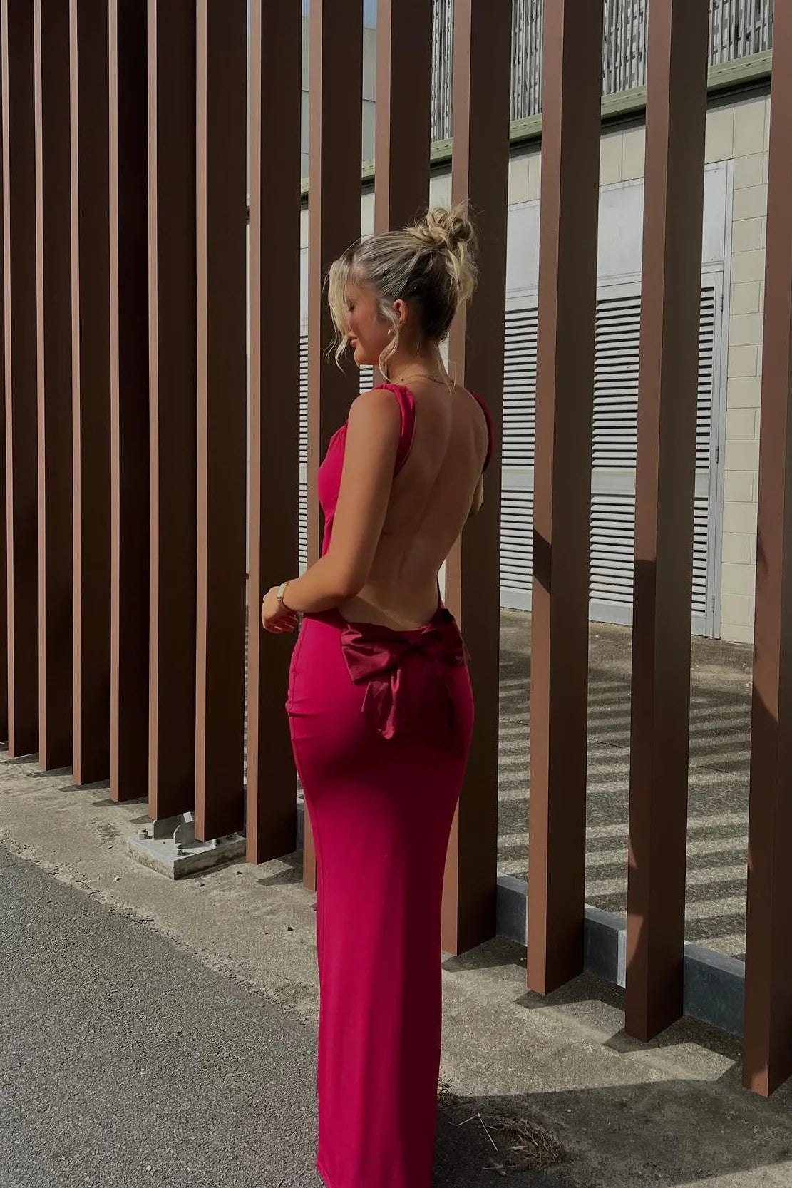 Glamorous Cowl Neck Open Back Mermaid Prom Dress with Bow Detail in Magenta