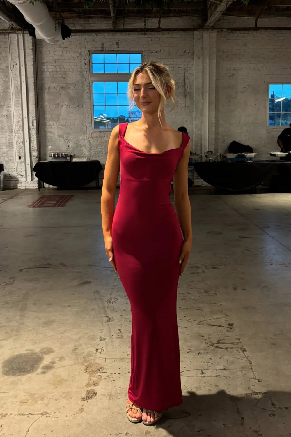 Glamorous Cowl Neck Open Back Mermaid Prom Dress with Bow Detail in Magenta