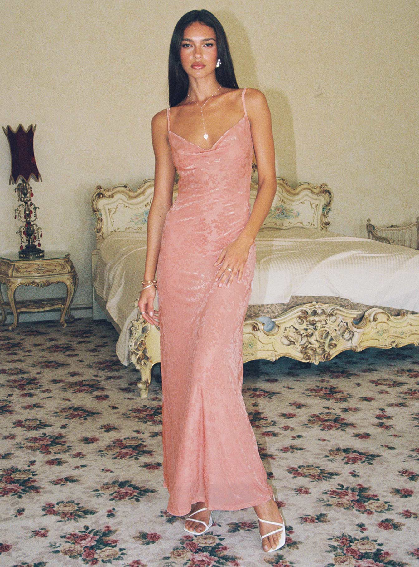 Glamorous Cowl Neck Spaghetti Strap Open Back Floral Velvet Maxi Prom Dress