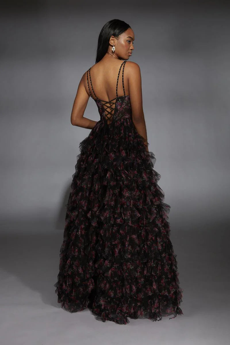 Glamorous Dramatic Fitted A-Line Sweetheart Beaded Strap Lace-Up Back Tiered Ruffle Maxi Prom Dresses