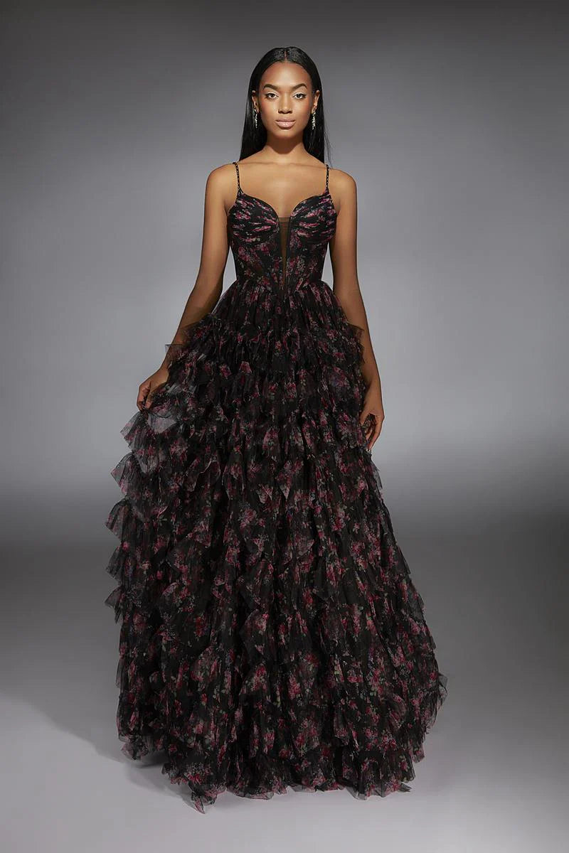 Glamorous Dramatic Fitted A-Line Sweetheart Beaded Strap Lace-Up Back Tiered Ruffle Maxi Prom Dresses