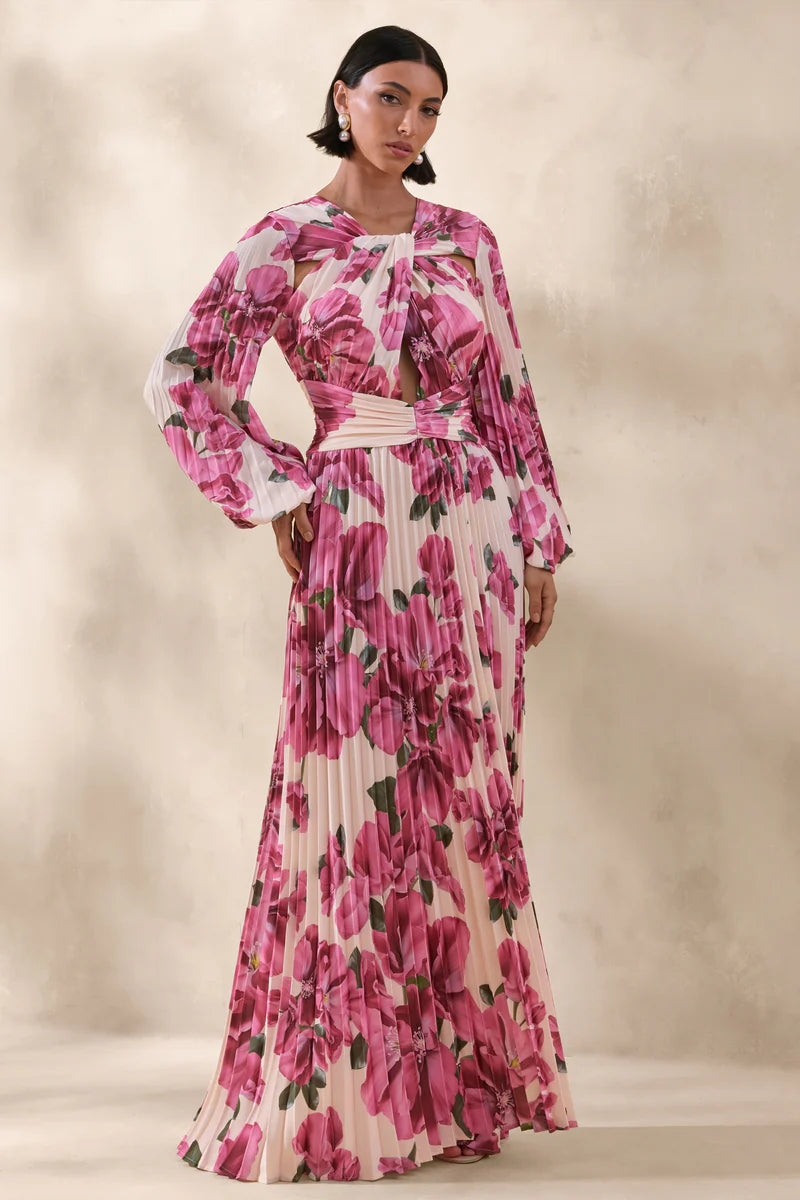 Glamorous Elegant Fitted A-Line Long Puff Sleeve Cut Out Floor-Length Pleated Floral Print Prom Dresses
