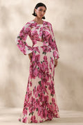 Pink Floral Print Chiffon A-Line Floor-Length Evening Dress