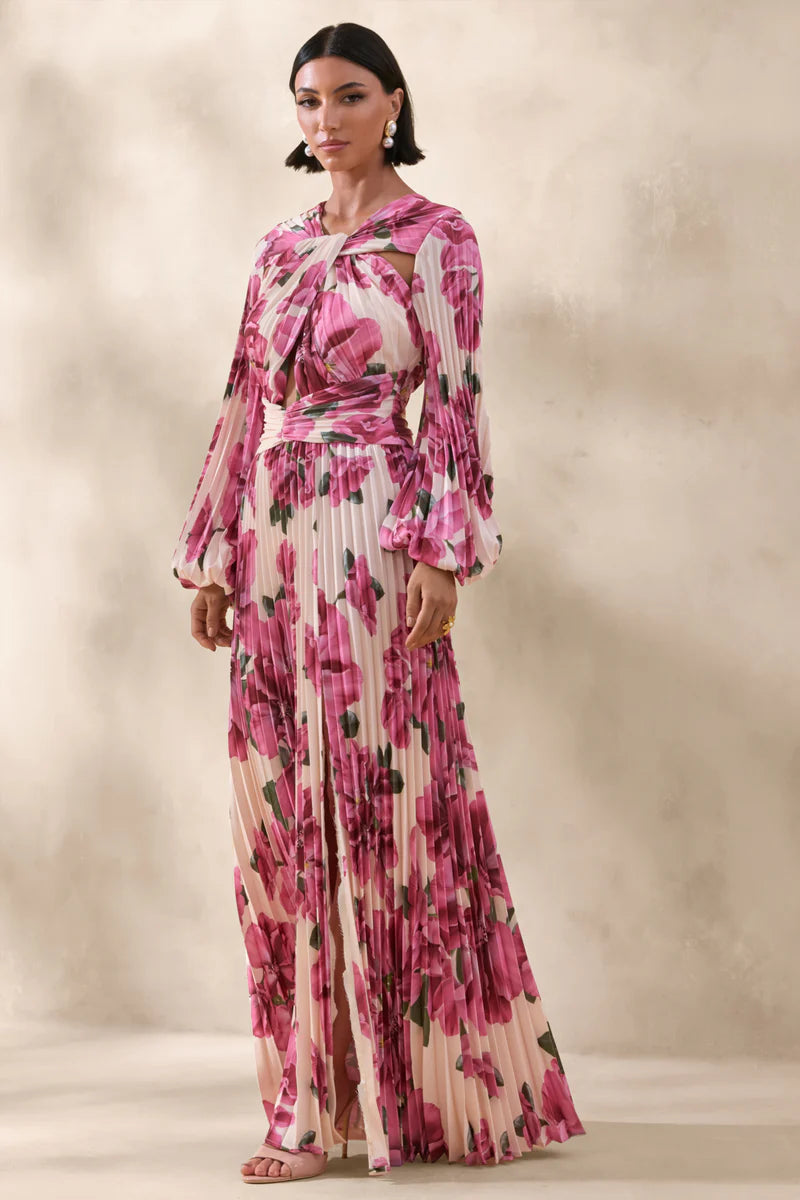 Glamorous Elegant Fitted A-Line Long Puff Sleeve Cut Out Floor-Length Pleated Floral Print Prom Dresses