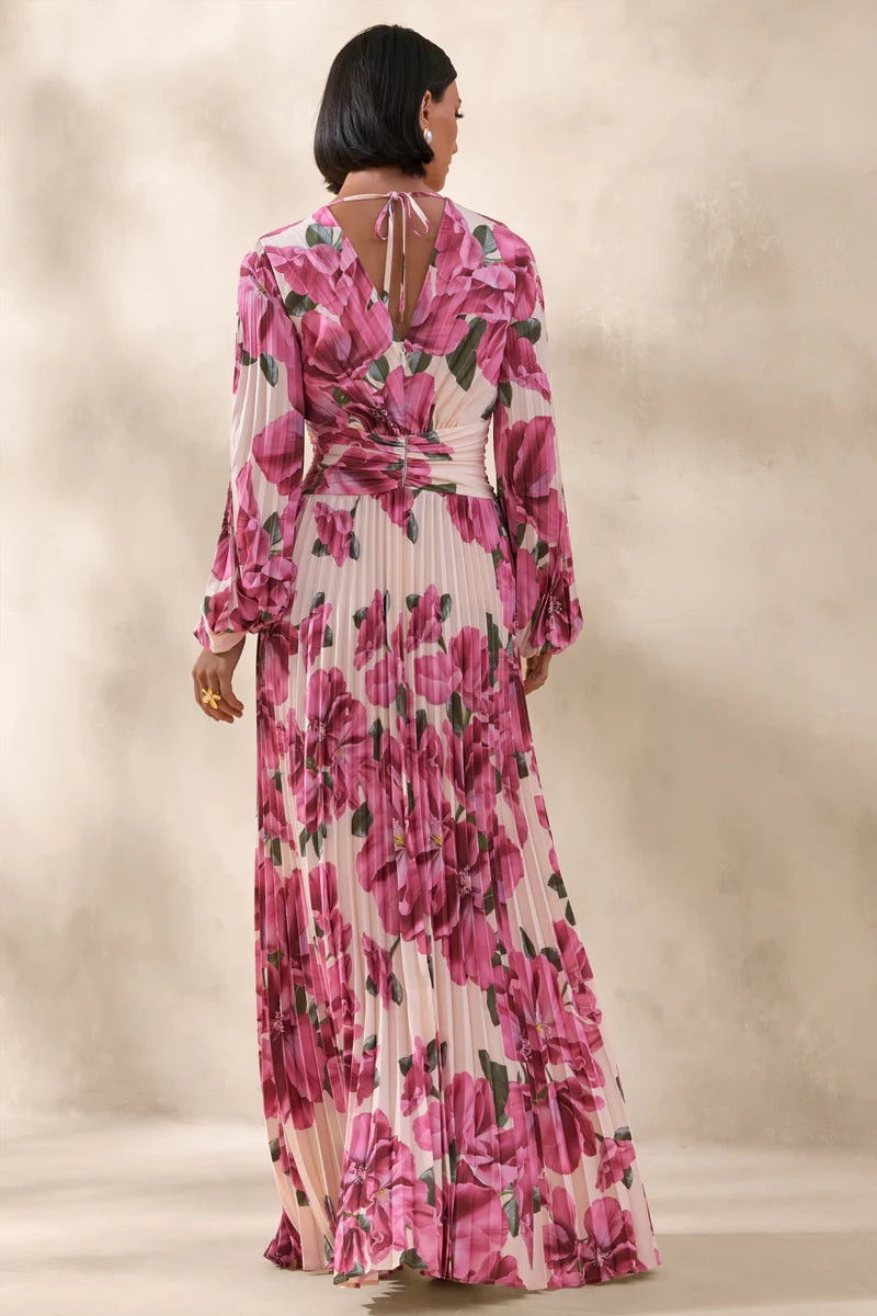 Glamorous Elegant Fitted A-Line Long Puff Sleeve Cut Out Floor-Length Pleated Floral Print Prom Dresses