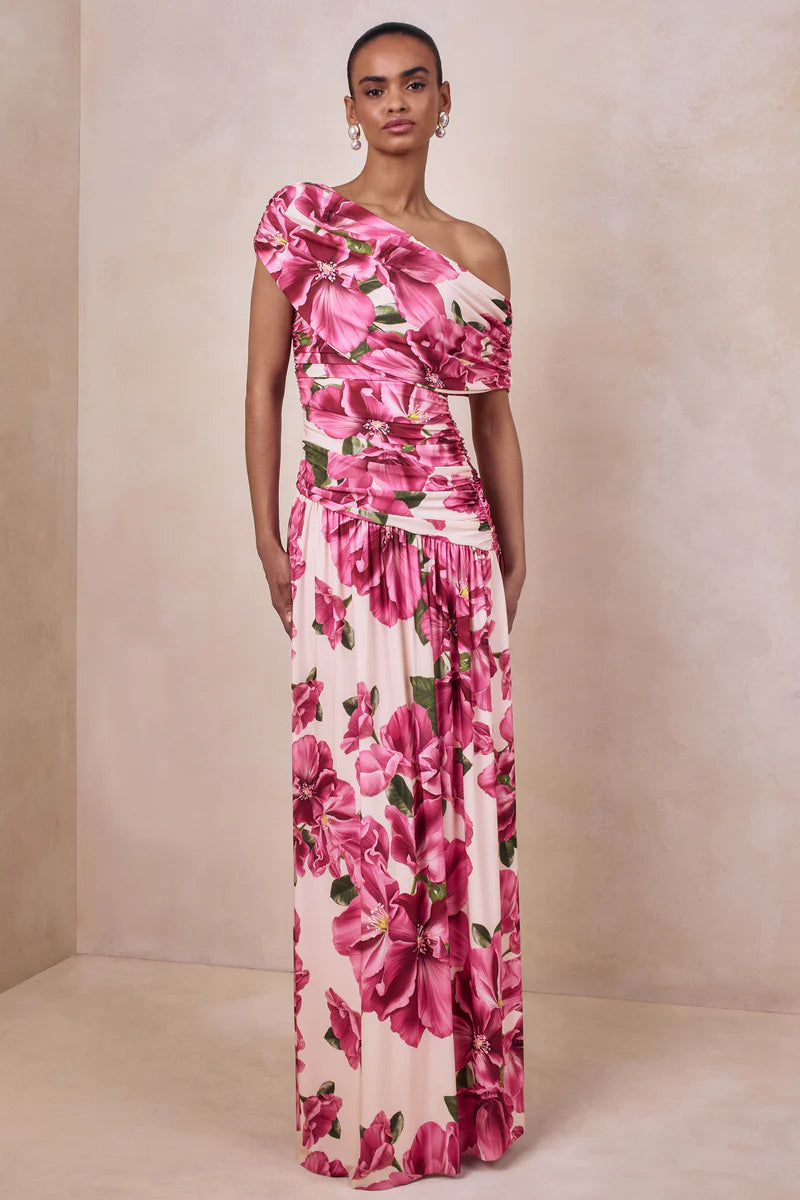 Glamorous Exotic Fitted A-Line Asymmetrical One-Shoulder Floor-Length Ruched Floral Print Prom Dresses