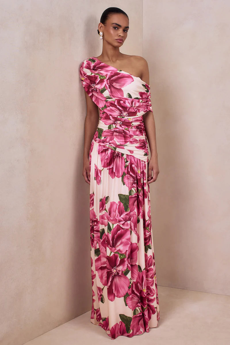 Pink Satin One Shoulder Sheath/Column Floor-Length Dress