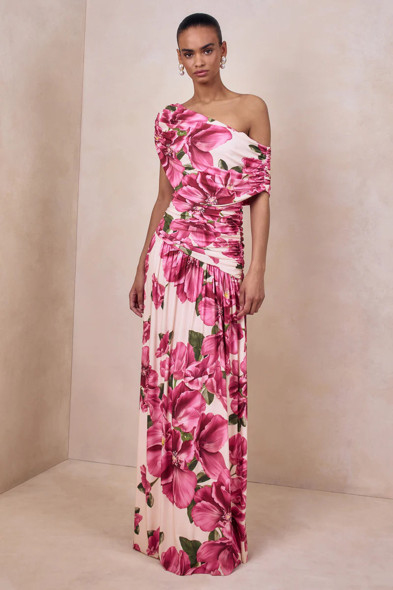 Pink Satin One Shoulder Sheath/Column Floor-Length Dress