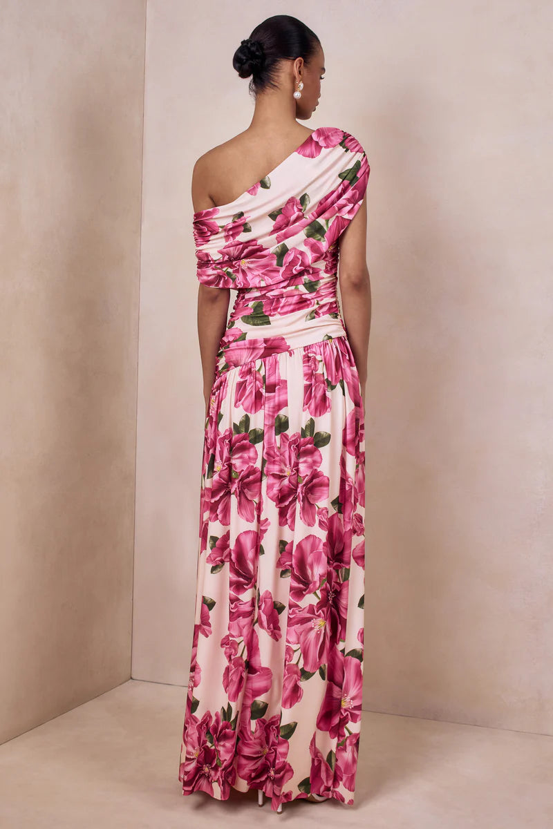 Pink Satin One Shoulder Sheath/Column Floor-Length Dress