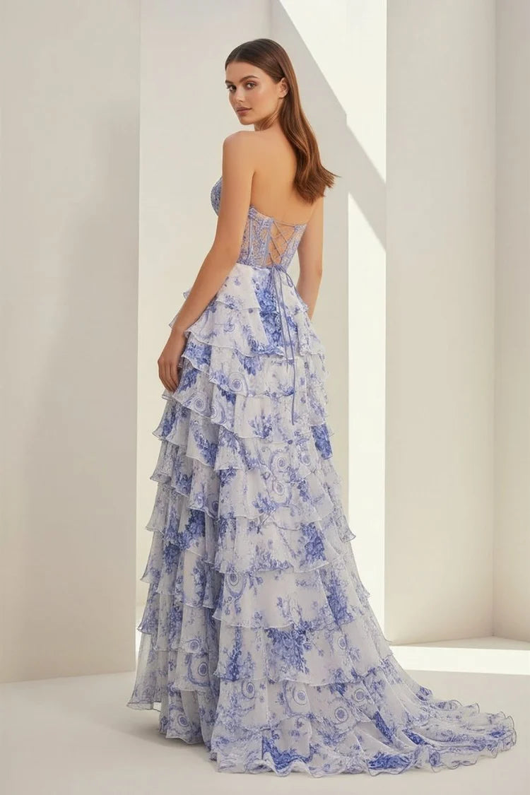 Glamorous Fitted A-Line Sweetheart Neck Strapless Lace-Up Back Tiered Ruffle Floral Print Prom Dresses