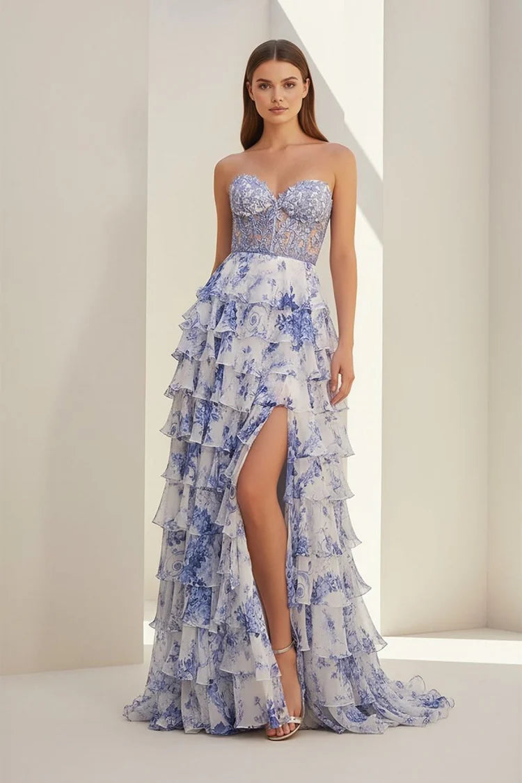 Glamorous Fitted A-Line Sweetheart Neck Strapless Lace-Up Back Tiered Ruffle Floral Print Prom Dresses