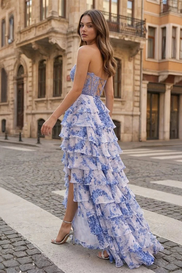 Glamorous Fitted A-Line Sweetheart Neck Strapless Lace-Up Back Tiered Ruffle Floral Print Prom Dresses
