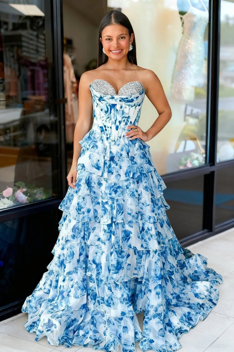 Glamorous Fitted A-Line Sweetheart Neck Strapless Lace-Up Back Tiered Ruffle Floral Print Prom Dresses