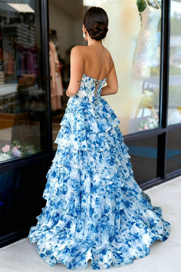 Glamorous Fitted A-Line Sweetheart Neck Strapless Lace-Up Back Tiered Ruffle Floral Print Prom Dresses