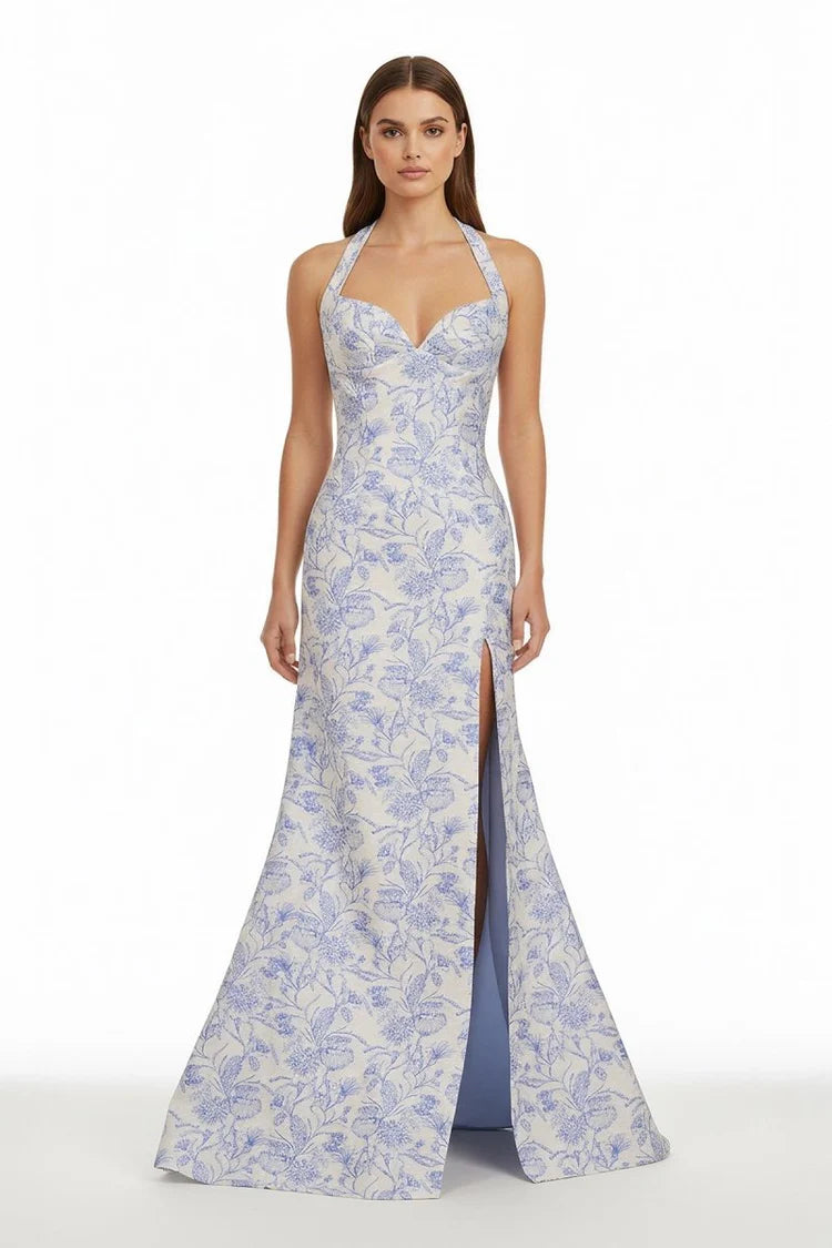 Glamorous Fitted Mermaid Sweetheart Neck Halter Sleeveless Lace-Up Back Floral Print Prom Dresses