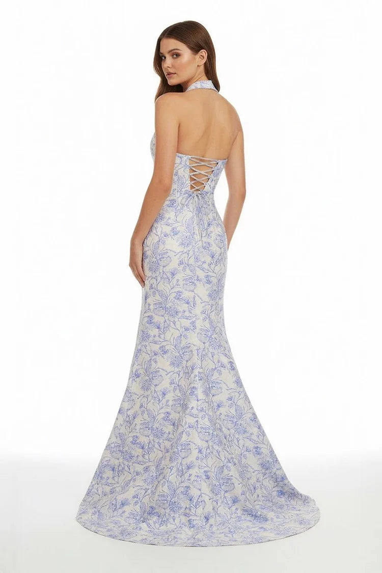 Glamorous Fitted Mermaid Sweetheart Neck Halter Sleeveless Lace-Up Back Floral Print Prom Dresses