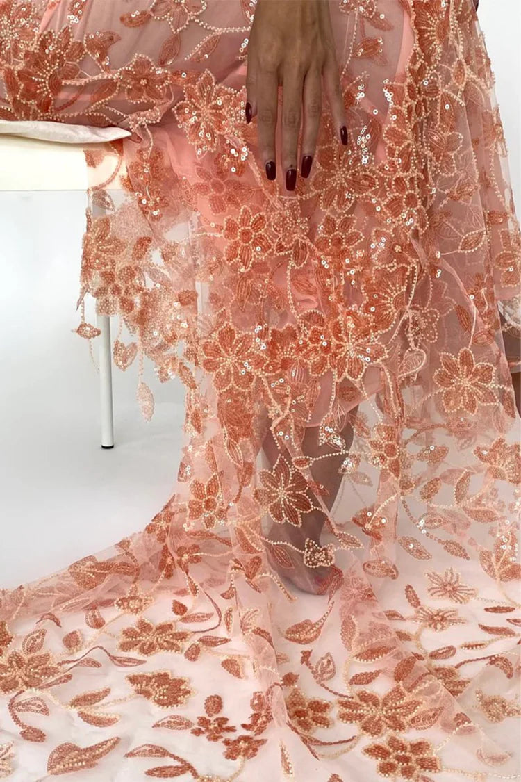 Glamorous Fitted Mermaid Sweetheart Neck Spaghetti Strap Lace-Up Back Floral Sequin Prom Dresses