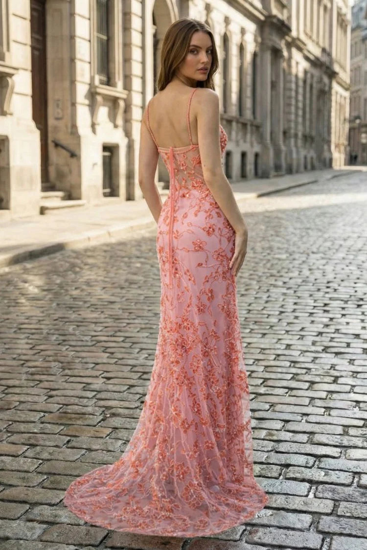 Glamorous Fitted Mermaid Sweetheart Neck Spaghetti Strap Lace-Up Back Floral Sequin Prom Dresses