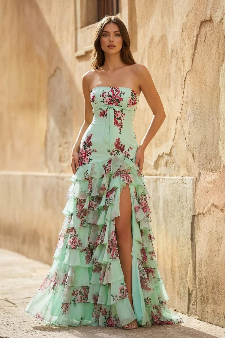 Glamorous Fitted Mermaid Sweetheart Neck Strapless Lace-Up Back Tiered Ruffle Floral Print Prom Dresses