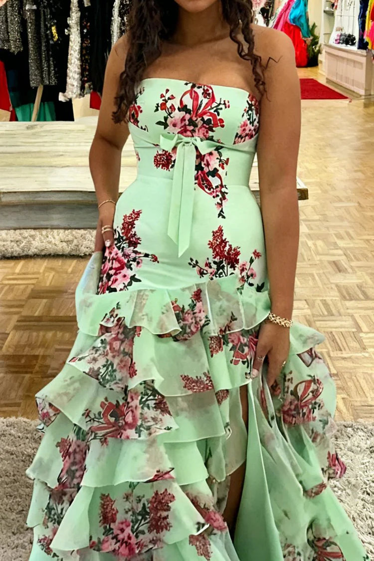 Glamorous Fitted Mermaid Sweetheart Neck Strapless Lace-Up Back Tiered Ruffle Floral Print Prom Dresses