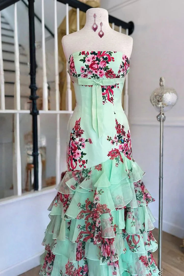 Glamorous Fitted Mermaid Sweetheart Neck Strapless Lace-Up Back Tiered Ruffle Floral Print Prom Dresses