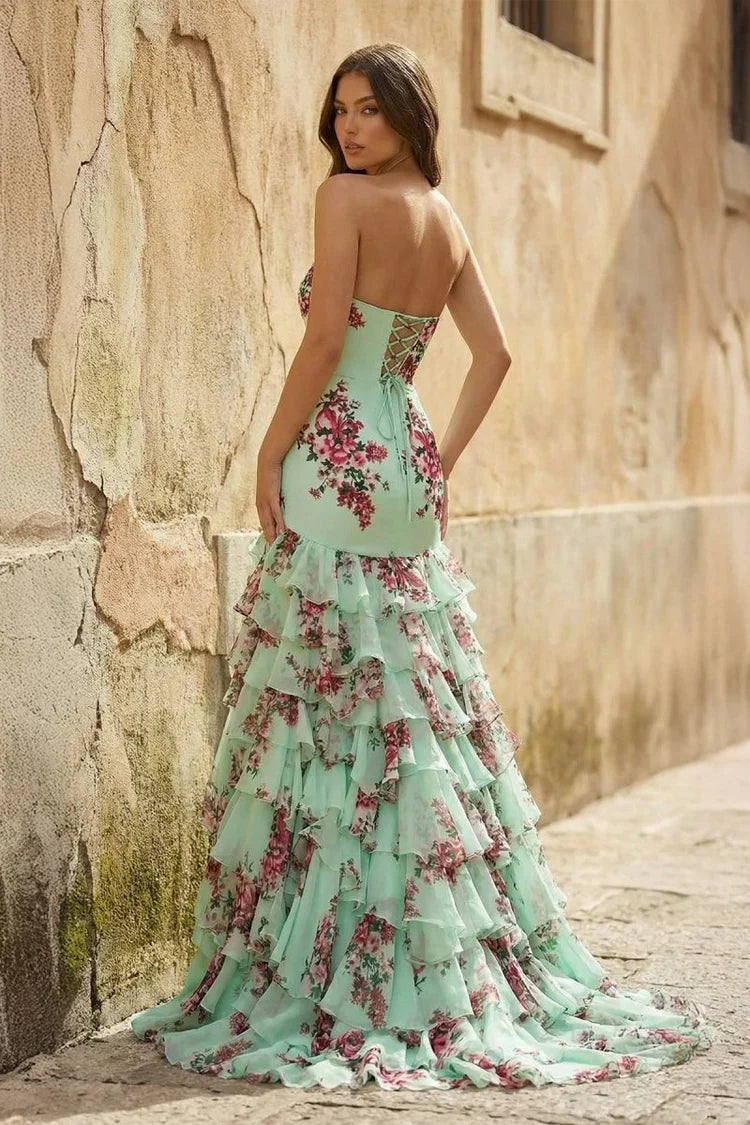 Glamorous Fitted Mermaid Sweetheart Neck Strapless Lace-Up Back Tiered Ruffle Floral Print Prom Dresses