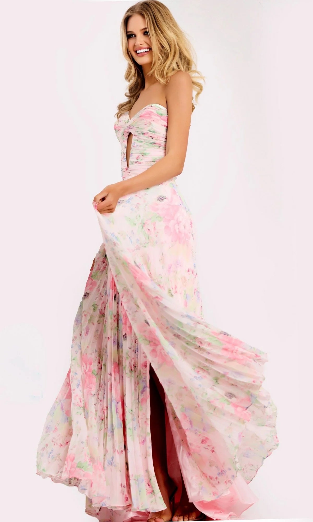 Glamorous Floral Chiffon A-Line Sweetheart Neck Strapless Pleated Back Zip Maxi Prom Dresses