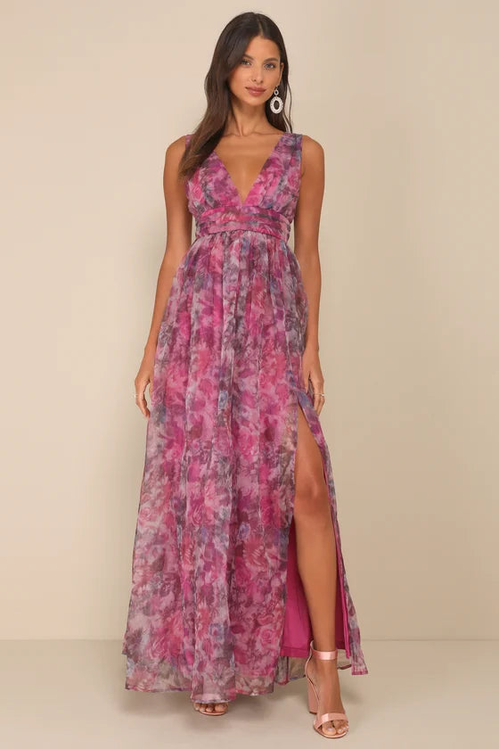 Glamorous Floral Print Chiffon Maxi Deep V-Neck Sleeveless High Slit Prom Dresses