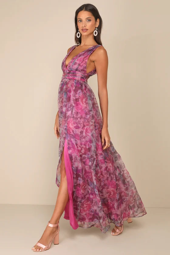 Glamorous Floral Print Chiffon Maxi Deep V-Neck Sleeveless High Slit Prom Dresses