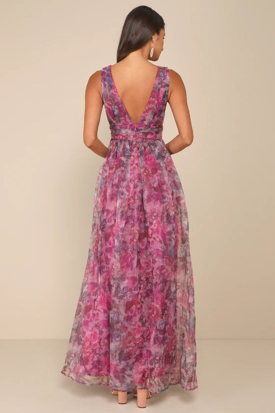 Glamorous Floral Print Chiffon Maxi Deep V-Neck Sleeveless High Slit Prom Dresses