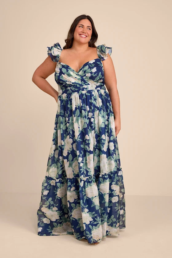 Glamorous Floral Print Chiffon Maxi V-Neck Ruffle Sleeve Open Back Tiered Formal Evening Prom Dresses