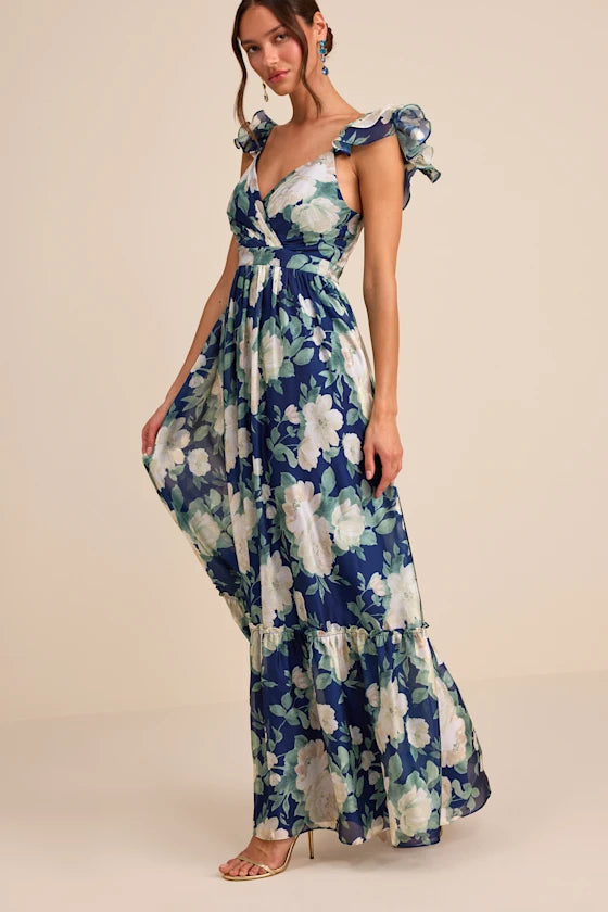 Glamorous Floral Print Chiffon Maxi V-Neck Ruffle Sleeve Open Back Tiered Formal Evening Prom Dresses