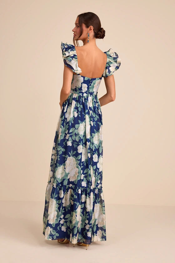 Glamorous Floral Print Chiffon Maxi V-Neck Ruffle Sleeve Open Back Tiered Formal Evening Prom Dresses