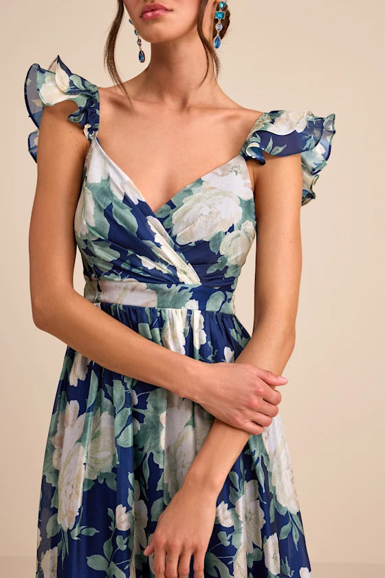 Glamorous Floral Print Chiffon Maxi V-Neck Ruffle Sleeve Open Back Tiered Formal Evening Prom Dresses