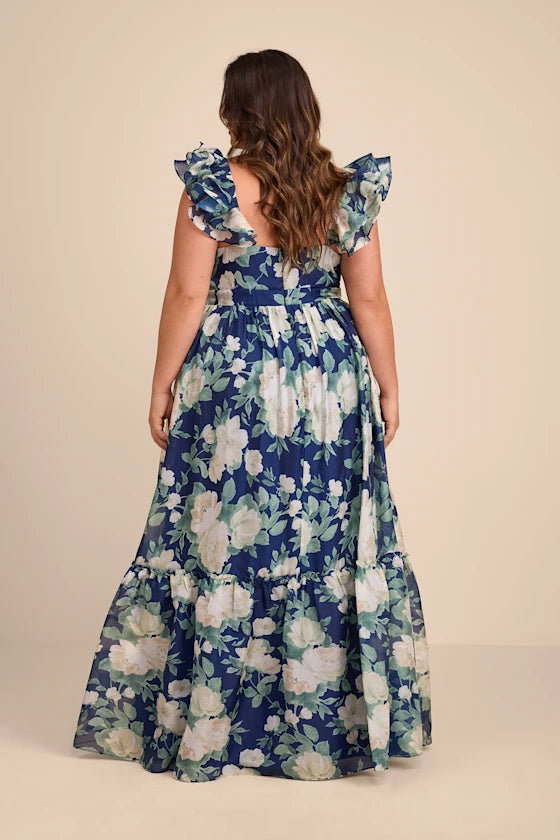 Glamorous Floral Print Chiffon Maxi V-Neck Ruffle Sleeve Open Back Tiered Formal Evening Prom Dresses