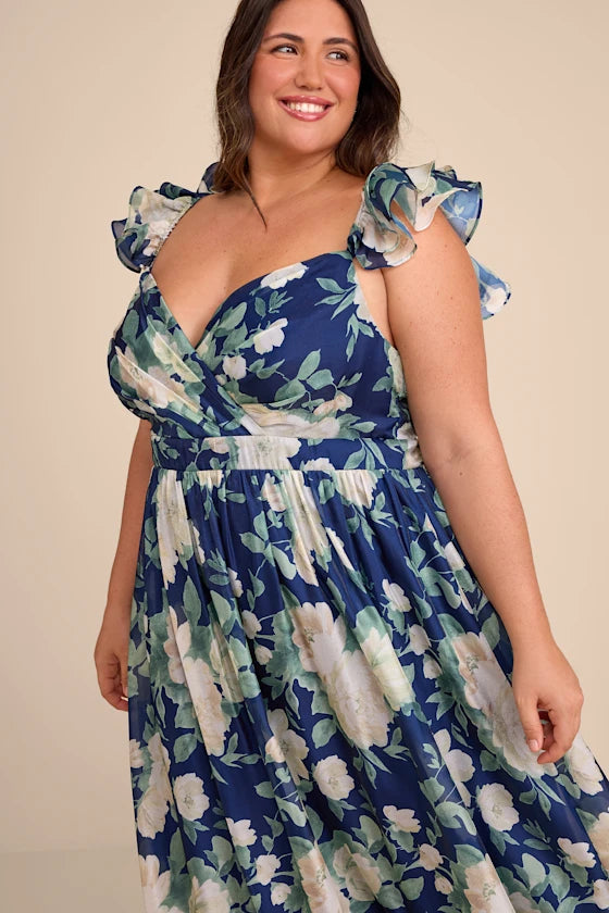 Glamorous Floral Print Chiffon Maxi V-Neck Ruffle Sleeve Open Back Tiered Formal Evening Prom Dresses