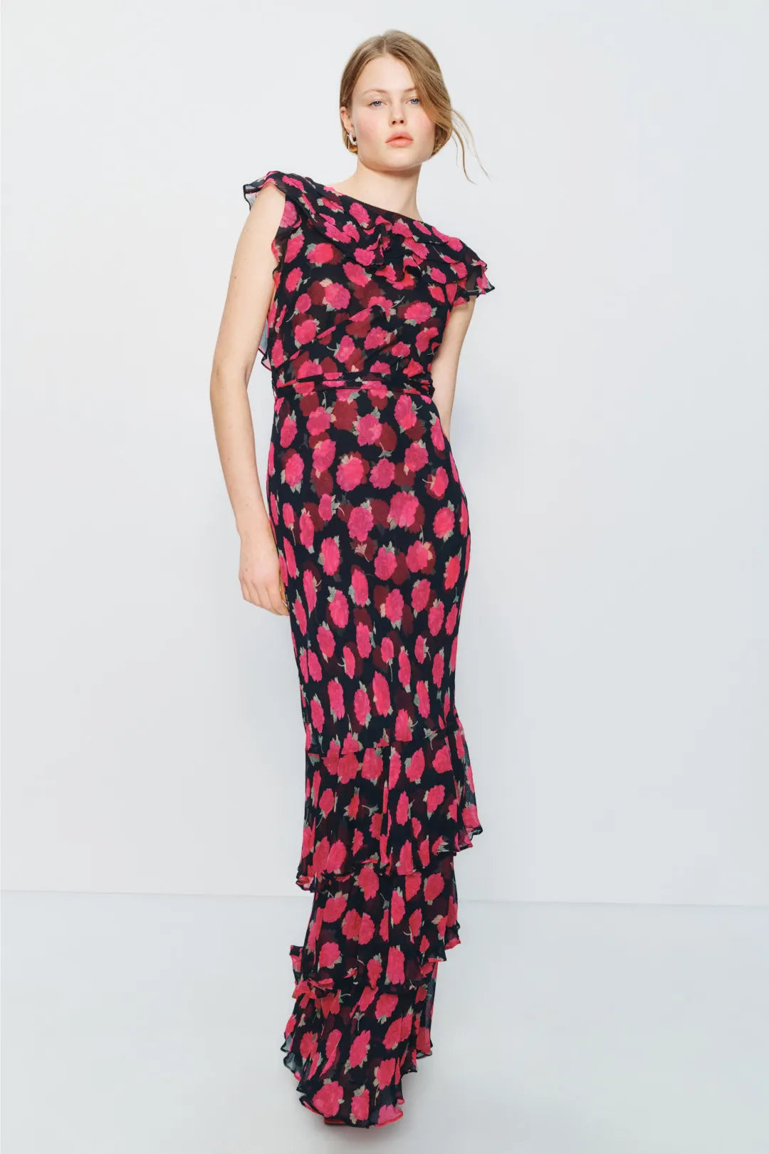 Glamorous Fuchsia Floral Mermaid Boat-Neck Ruffle-Sleeve Tiered Maxi Prom Dresses