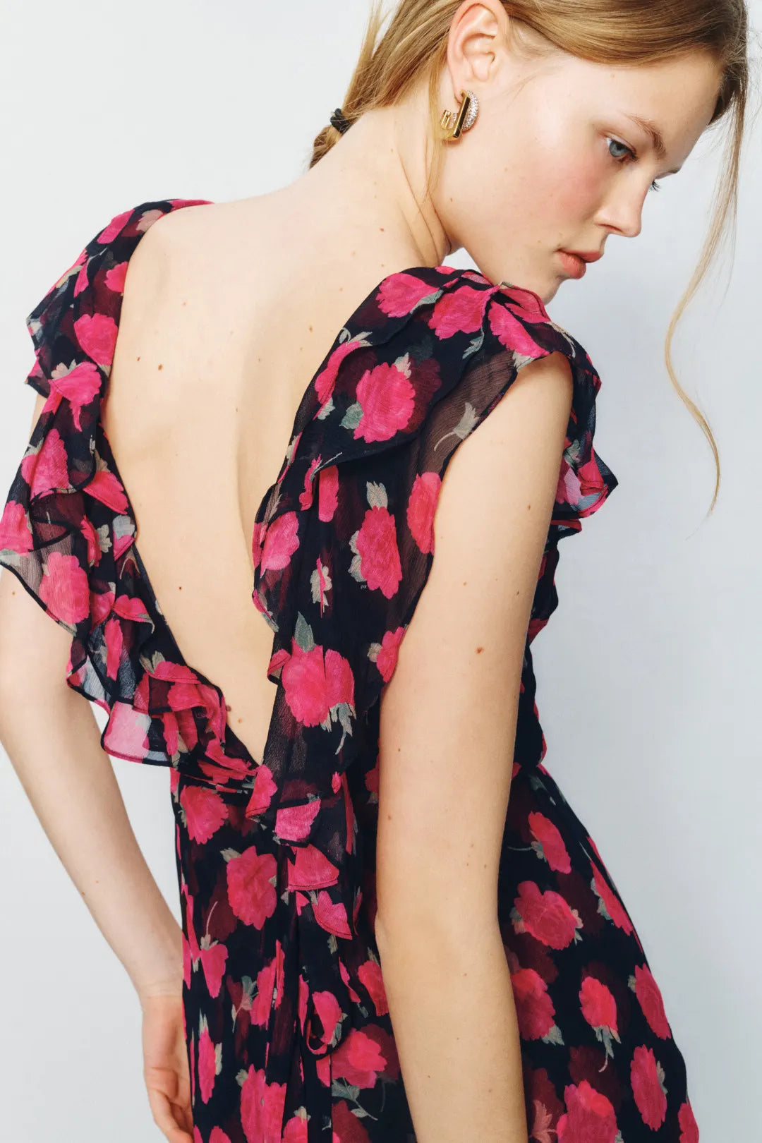 Glamorous Fuchsia Floral Mermaid Boat-Neck Ruffle-Sleeve Tiered Maxi Prom Dresses