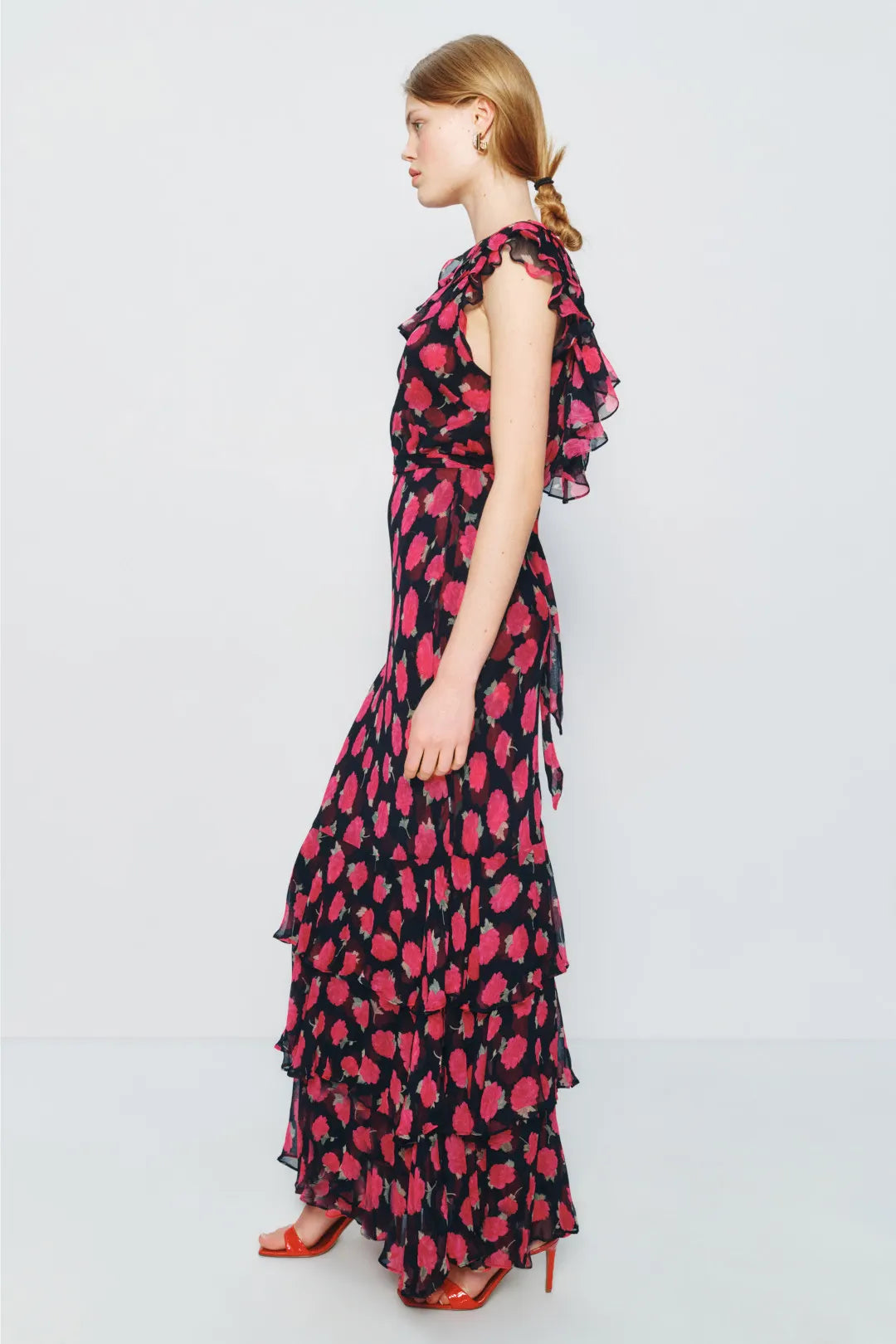 Glamorous Fuchsia Floral Mermaid Boat-Neck Ruffle-Sleeve Tiered Maxi Prom Dresses