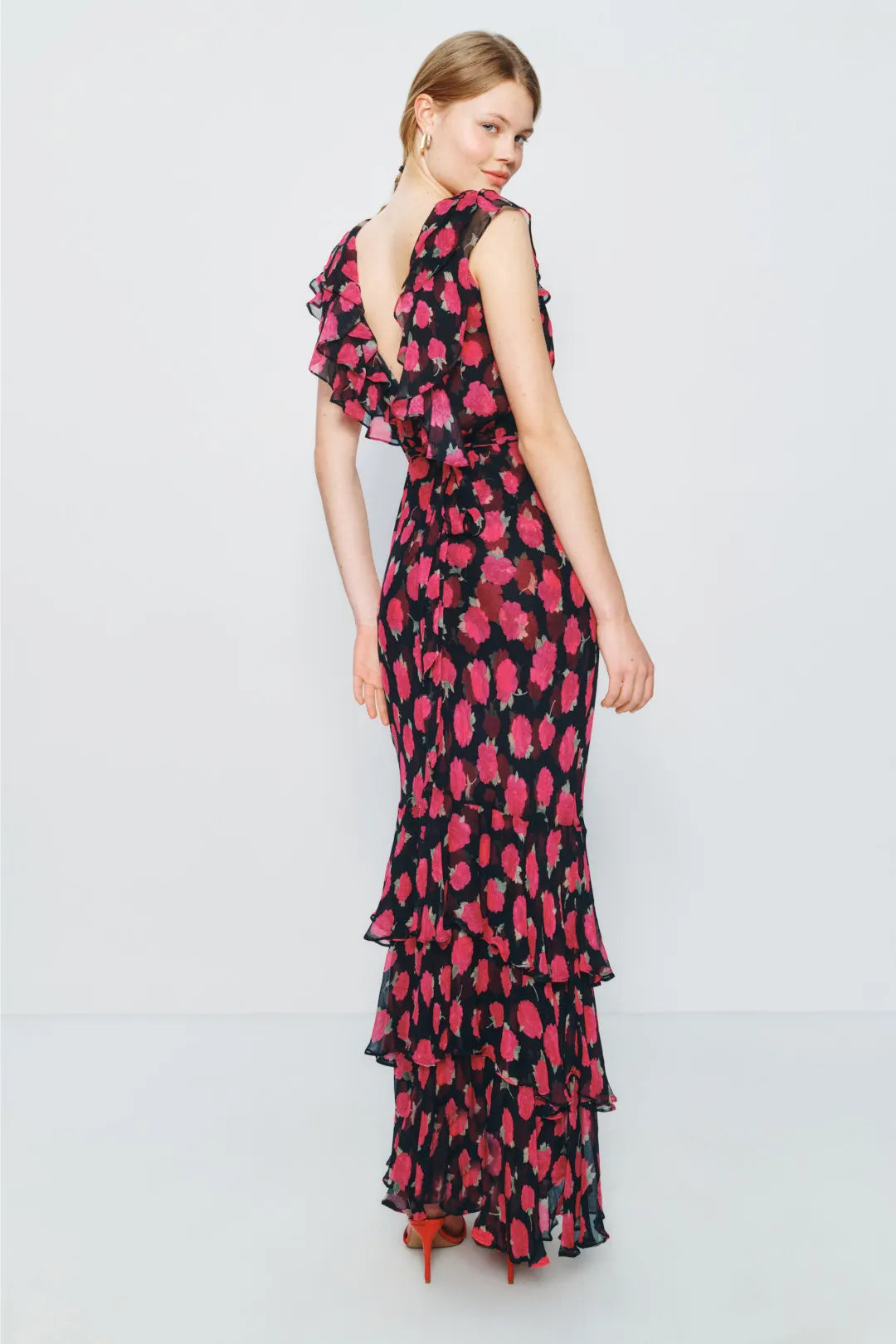 Glamorous Fuchsia Floral Mermaid Boat-Neck Ruffle-Sleeve Tiered Maxi Prom Dresses