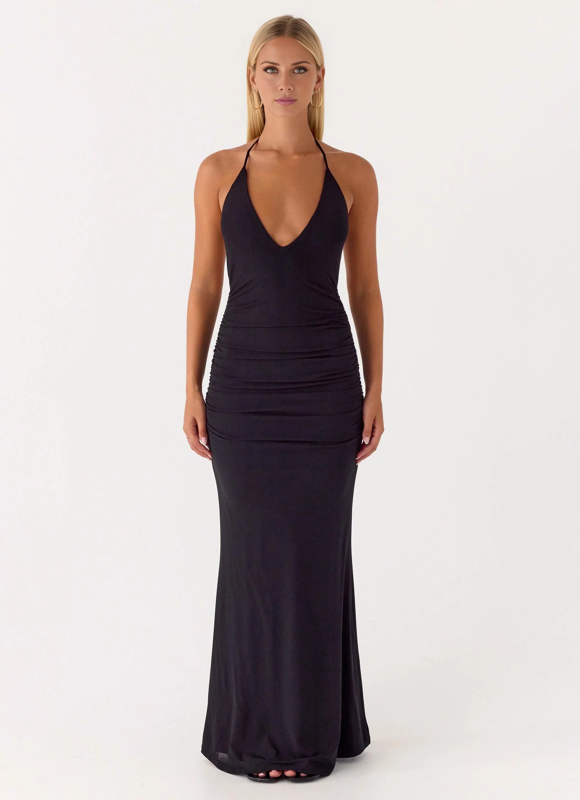 Glamorous Halter Neck Sleeveless Ruched Open-Back Mermaid Floor-Length Evening Dress