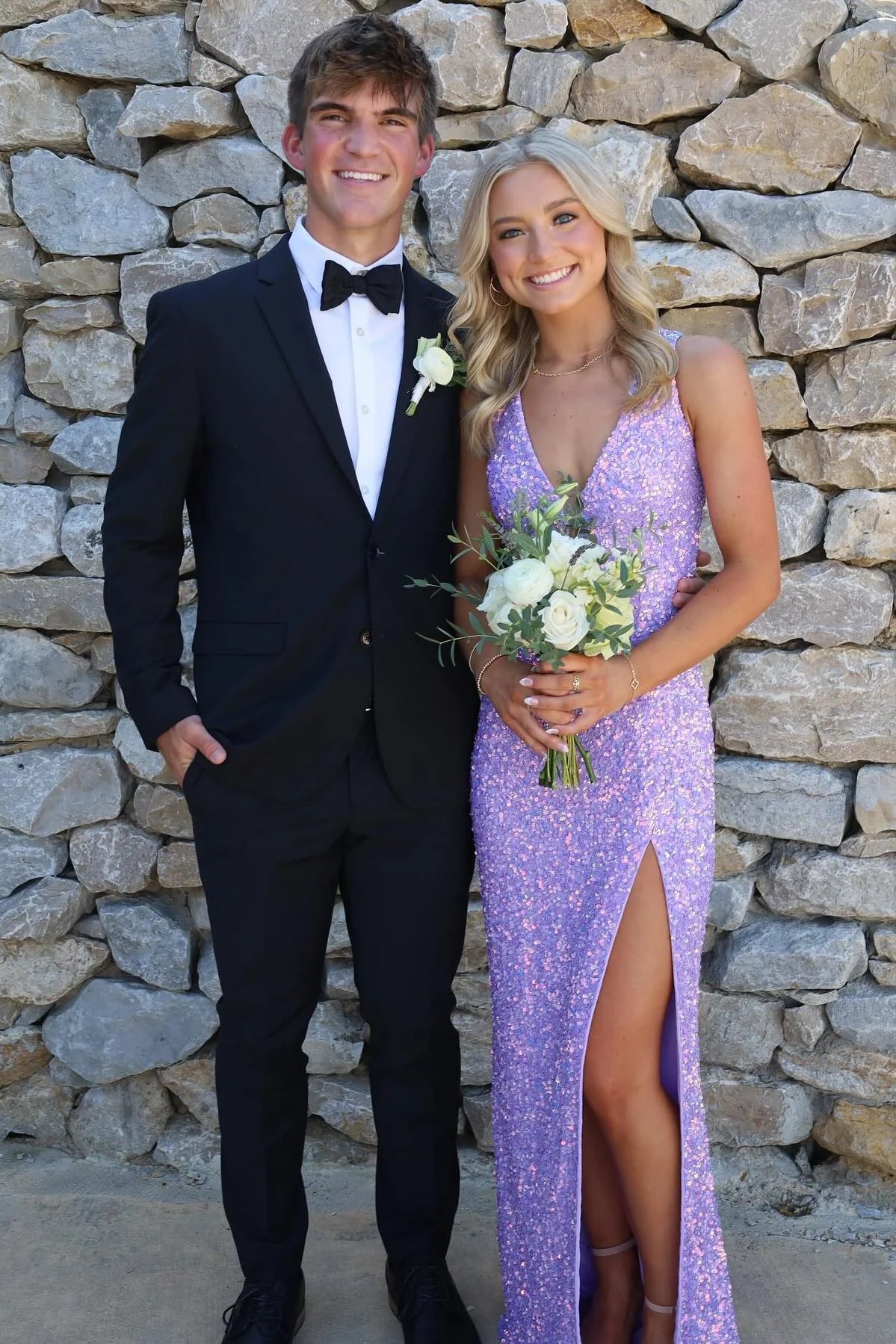 Glamorous Lavender Sequin Prom Dress with Plunging V-Neck, Lace-Up Back and High Slit