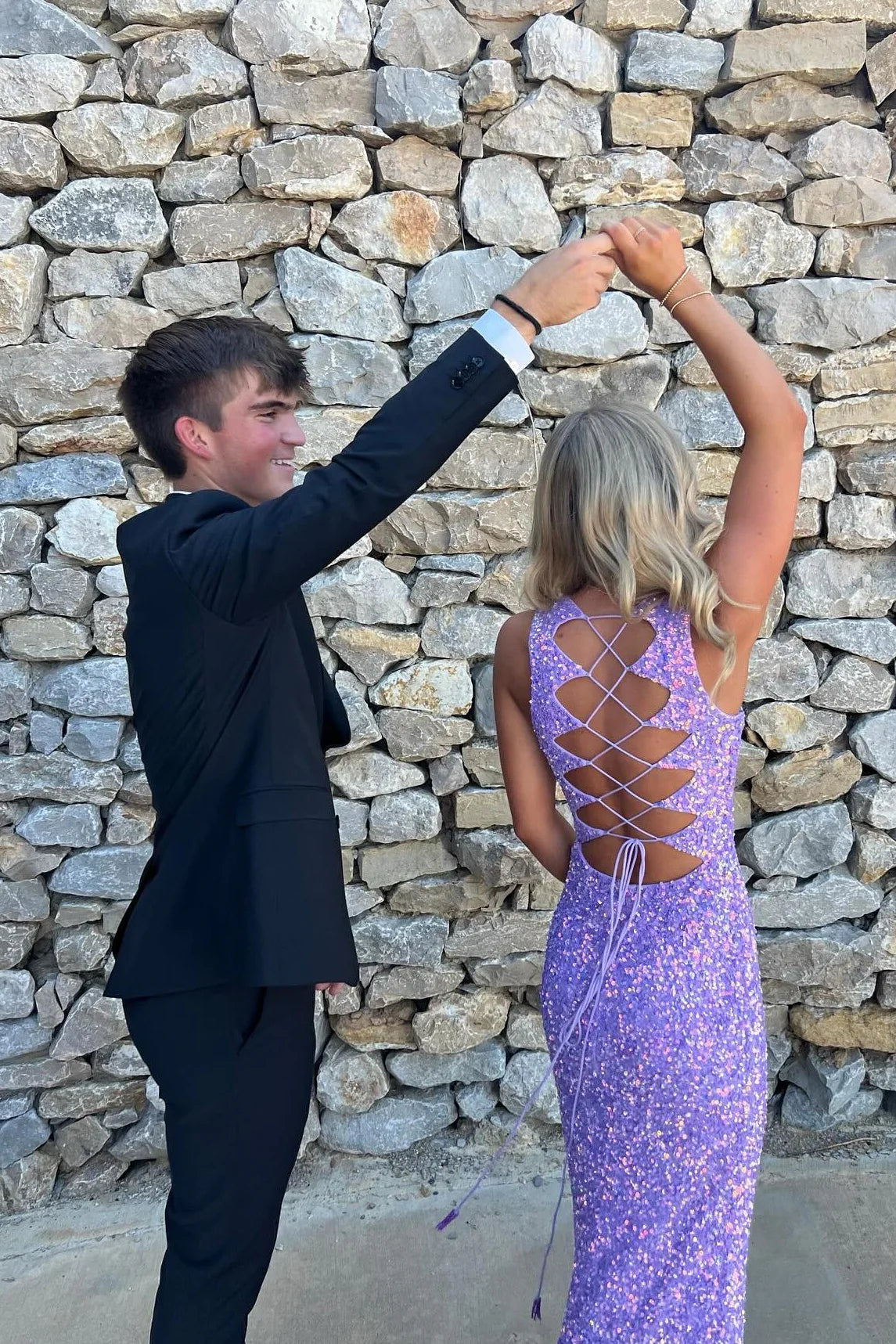 Lavender Sequin V-Neck Sheath Floor-Length Evening Dress with High Slit