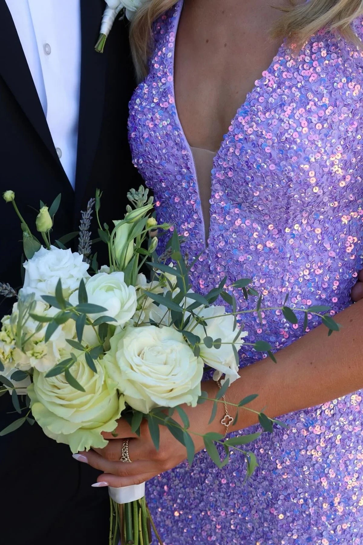 Glamorous Lavender Sequin Prom Dress with Plunging V-Neck, Lace-Up Back and High Slit