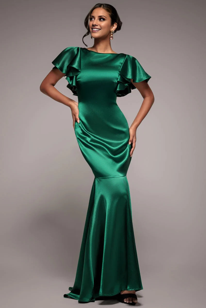 Glamorous Luxe Scoop Neck Ruffled Sleeve V-Back Satin Mermaid Formal Floor-Length Evening Dress
