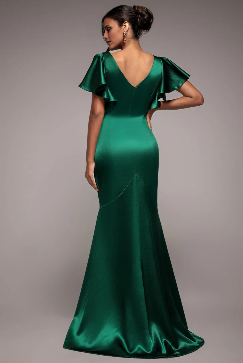 Glamorous Luxe Scoop Neck Ruffled Sleeve V-Back Satin Mermaid Formal Floor-Length Evening Dress